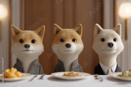 Three anthropomorphic dogs at dinner table wearing suits, concept of dining