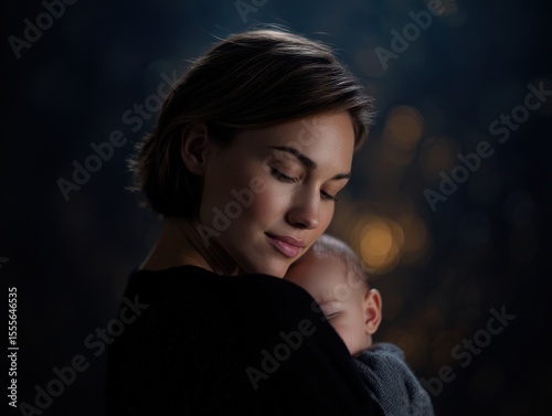 Loving mother in 30s holds sleeping baby with affection and care in dark night scene