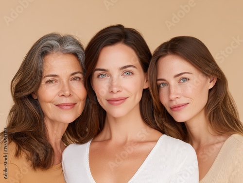Three women, different ages, skincare concept, multi generational beauty, family, aging, smiling, together, diverse, skin