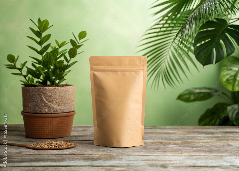 Obraz premium A blank brown kraft paper stand up pouch sits on a rustic wooden table next to a potted plant and a spoon of dried herbs