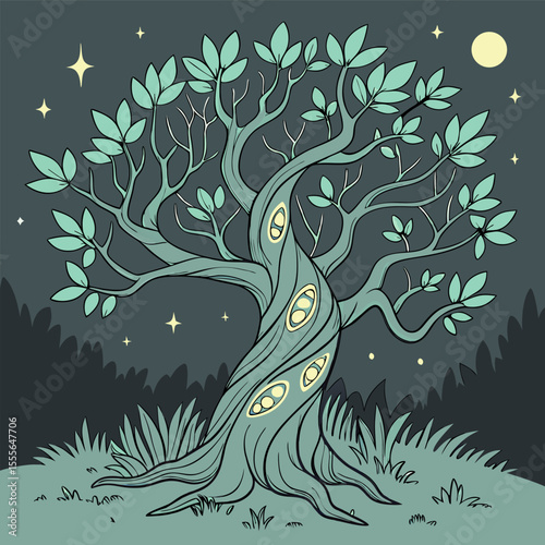 An enchanted tree with twisted branches, glowing fireflies surrounding it., illustration of a tree vector tree