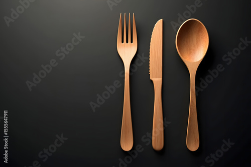 Elegant Copper Cutlery Set on Black Background – Fork, Knife and Spoon Flatlay