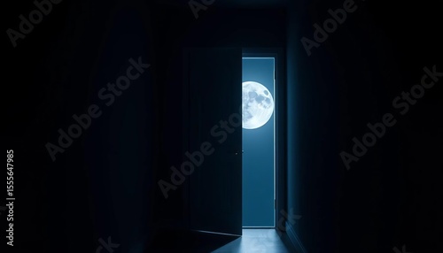 Dark hallway, slightly ajar door reveals moonlight,  home,  unknown