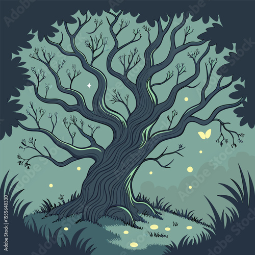 An enchanted tree with twisted branches, glowing fireflies surrounding it., illustration of a tree vector tree