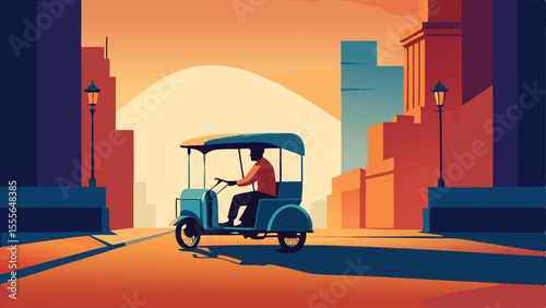 A person driving a blue auto rickshaw through a city street landscape illustration
