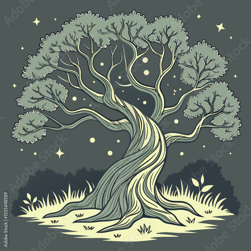 An enchanted tree with twisted branches, glowing fireflies surrounding it., illustration of a tree vector tree