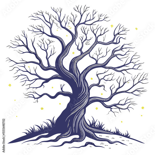 An enchanted tree with twisted branches, glowing fireflies surrounding it., illustration of a tree vector tree