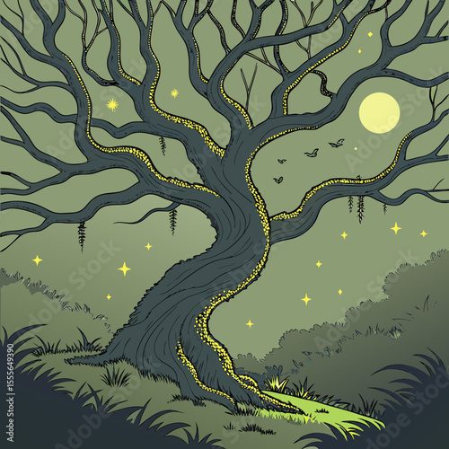 An enchanted tree with twisted branches, glowing fireflies surrounding it., illustration of a tree vector tree