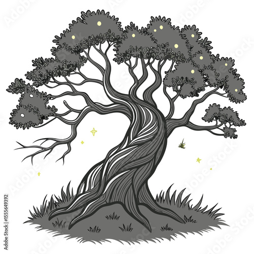An enchanted tree with twisted branches, glowing fireflies surrounding it., illustration of a tree vector tree
