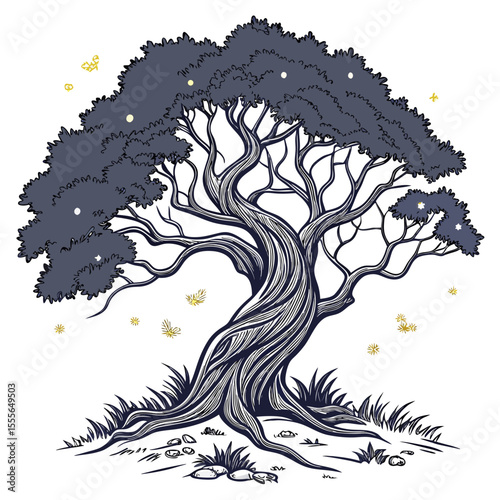 An enchanted tree with twisted branches, glowing fireflies surrounding it., illustration of a tree vector tree