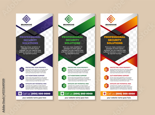Professional security guards solution signage template was designed for business it's professional and eye catching. infographics and photo space elements on white background.