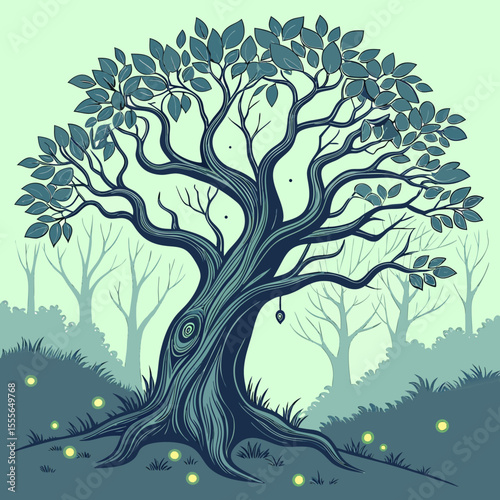 An enchanted tree with twisted branches, glowing fireflies surrounding it., illustration of a tree vector tree