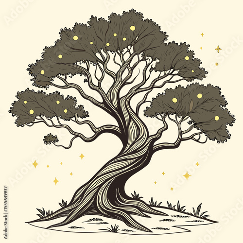 An enchanted tree with twisted branches, glowing fireflies surrounding it., illustration of a tree vector tree
