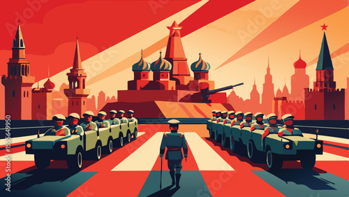 Military parade with vehicles and st basil's cathedral view landscape illustration