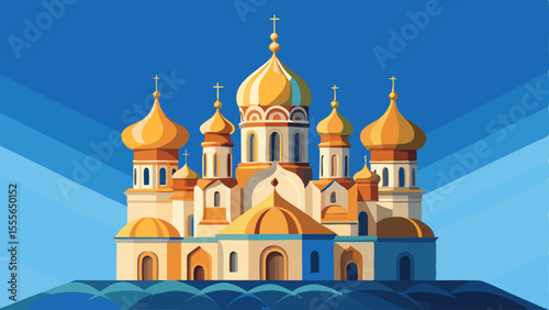 A church with golden domes against a vibrant blue sky view landscape illustration