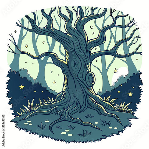 An enchanted tree with twisted branches, glowing fireflies surrounding it., illustration of a tree vector tree