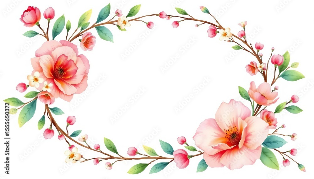Fototapeta premium Elegant watercolor floral wreath with delicate blooms and leafy branches, perfect for wedding stationery, daisy, elegant