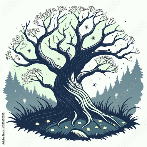 An enchanted tree with twisted branches, glowing fireflies surrounding it., illustration of a tree vector tree