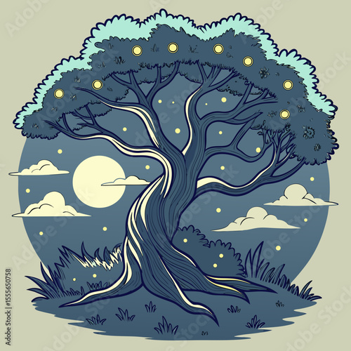 An enchanted tree with twisted branches, glowing fireflies surrounding it., illustration of a tree vector tree
