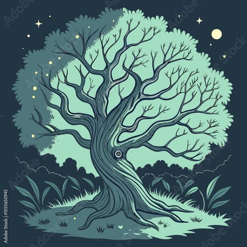 An enchanted tree with twisted branches, glowing fireflies surrounding it., illustration of a tree vector tree
