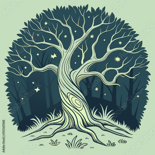 An enchanted tree with twisted branches, glowing fireflies surrounding it., illustration of a tree vector tree