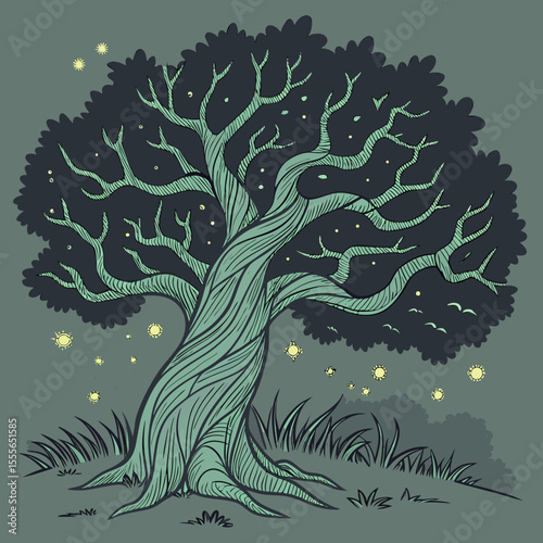 An enchanted tree with twisted branches, glowing fireflies surrounding it., illustration of a tree vector tree