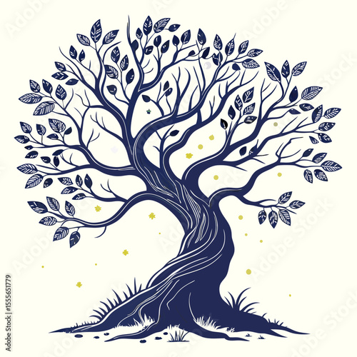 An enchanted tree with twisted branches, glowing fireflies surrounding it., illustration of a tree vector tree