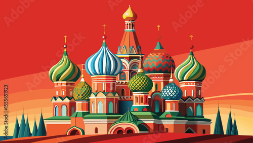 A colorful depiction of a building with domes and spires art landscape illustration