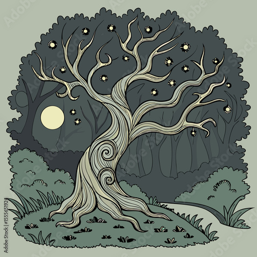 An enchanted tree with twisted branches, glowing fireflies surrounding it., illustration of a tree vector tree