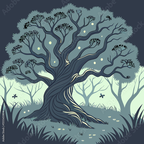 An enchanted tree with twisted branches, glowing fireflies surrounding it., illustration of a tree vector tree