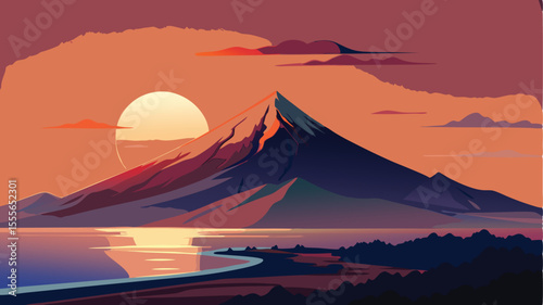 Mountain peak at sunset with water and clouds in the distance landscape illustration