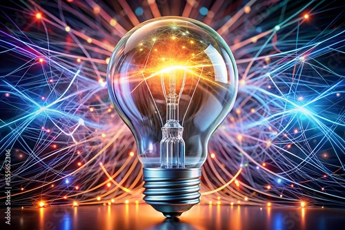 A bright lightbulb glows with internal sparks against a vibrant background of colorful energy lines