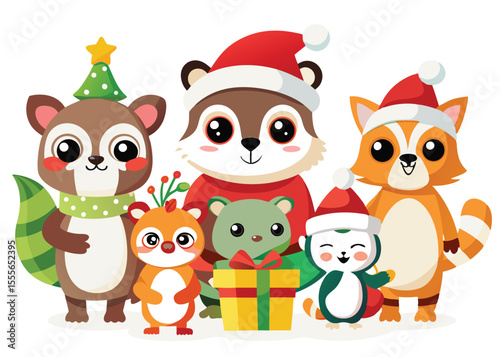 Adorable cartoon animals, including a raccoon, squirrel, and penguin, wearing Santa hats and festive clothes.