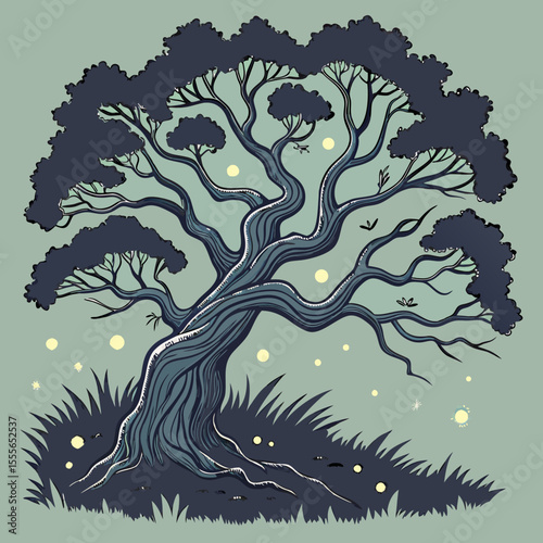 An enchanted tree with twisted branches, glowing fireflies surrounding it., illustration of a tree	vector tree