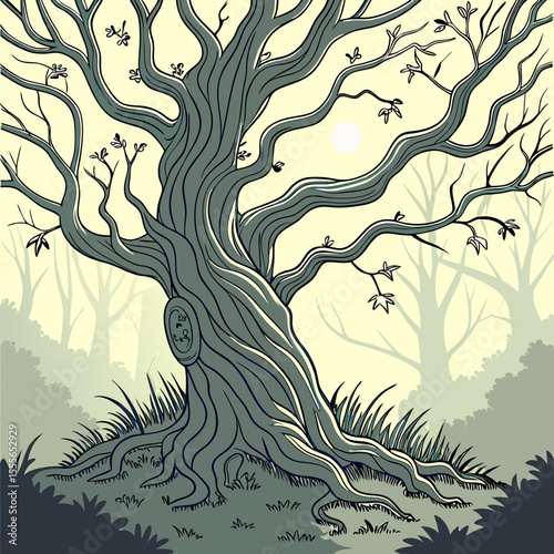 An enchanted tree with twisted branches, glowing fireflies surrounding it., illustration of a tree	vector tree