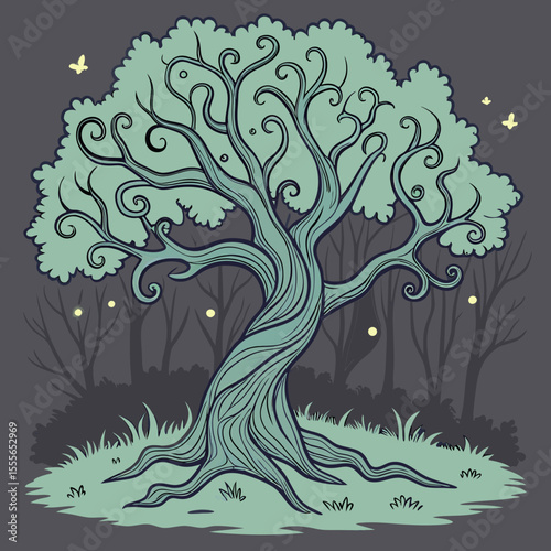 An enchanted tree with twisted branches, glowing fireflies surrounding it., illustration of a tree	vector tree