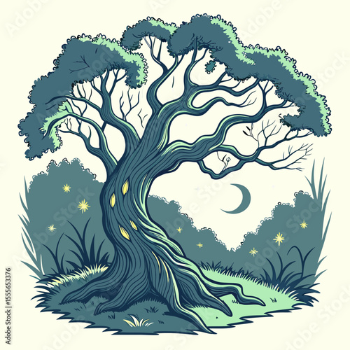 An enchanted tree with twisted branches, glowing fireflies surrounding it., illustration of a tree	vector tree