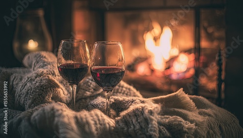 Two wine glasses filled with red wine near a fireplace, cozy and warm