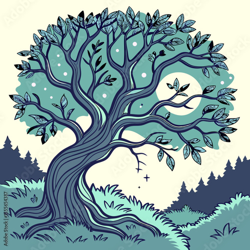 An enchanted tree with twisted branches, glowing fireflies surrounding it., illustration of a tree	vector tree