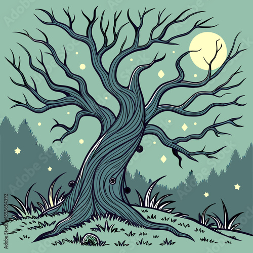 An enchanted tree with twisted branches, glowing fireflies surrounding it., illustration of a tree	vector tree