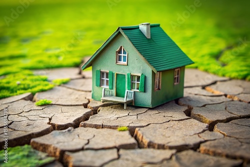 A small green house stands on cracked, dry earth, symbolizing the impact of climate change and environmental challenges