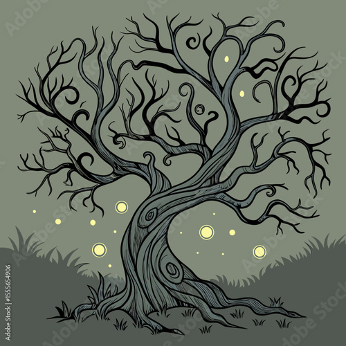 An enchanted tree with twisted branches, glowing fireflies surrounding it., illustration of a tree	vector tree