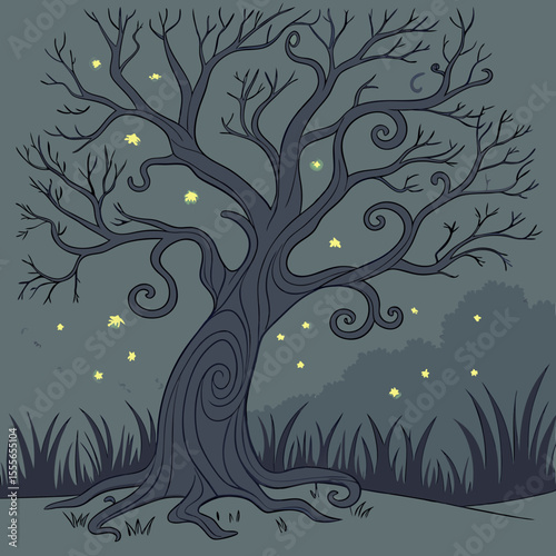 An enchanted tree with twisted branches, glowing fireflies surrounding it., illustration of a tree	vector tree