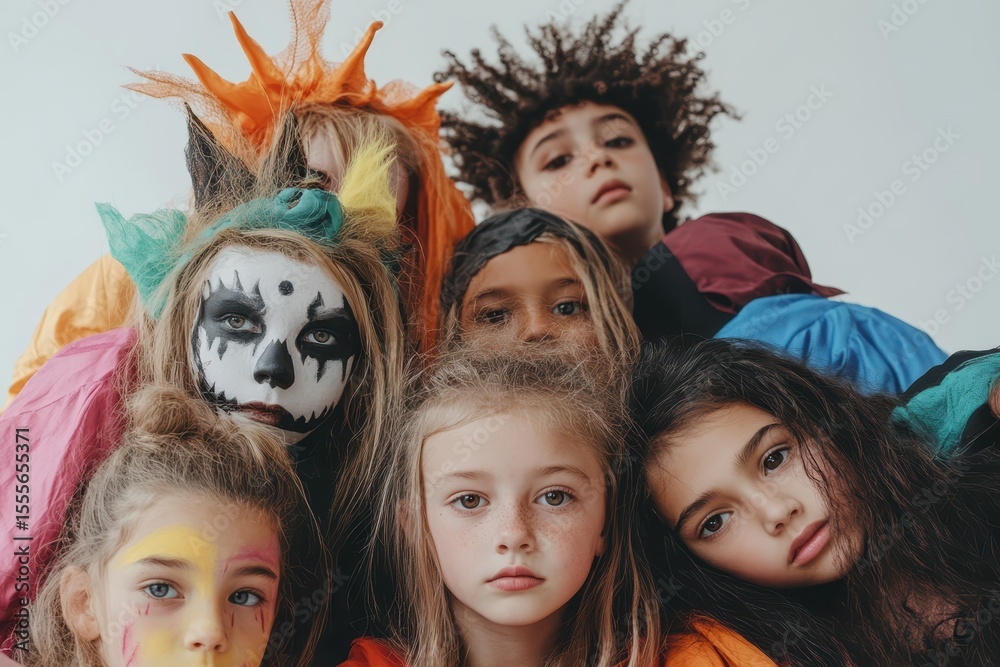Fototapeta premium Costumed children celebrating Halloween with creativity and spirit during a festive event indoors in the evening time