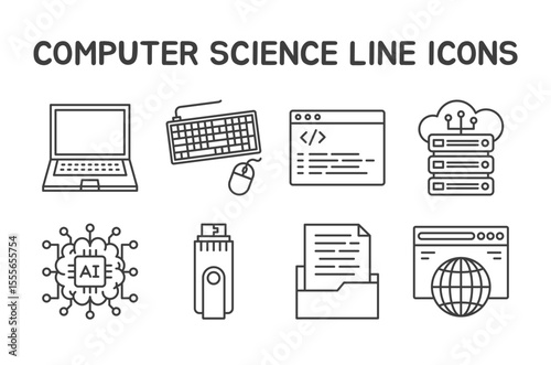 Computer Science Icons Set featuring 8 editable line icons in a clean, minimal style. Perfect for coding tutorials, tech infographics, web development, digital learning, and IT-related projects.