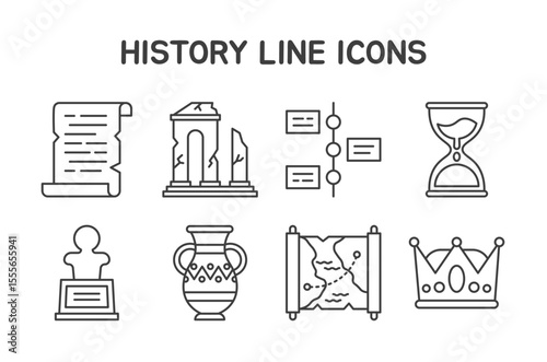 History Icons Set featuring 8 editable line icons in a minimal style. Perfect for use in historical education materials, museum graphics, timelines, infographics, apps, and academic presentations.