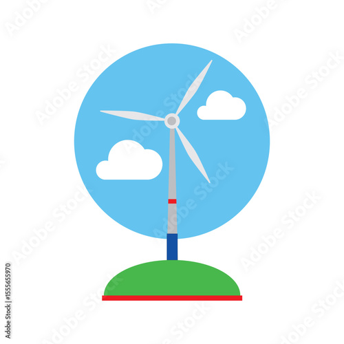 A wind turbine standing in a lush green field beneath a bright blue sky