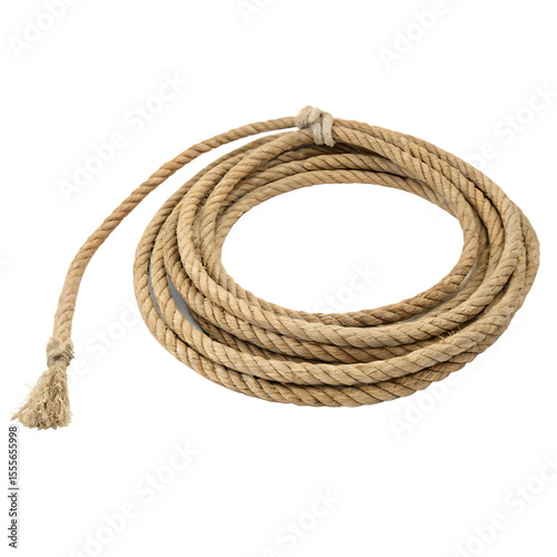 A coiled lasso rope used by cowboys on a ranch isolated on a transparent background png