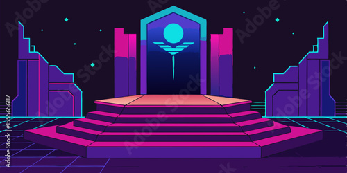 Red carpet on stage with a blue background, an urban night party silhouette illustration