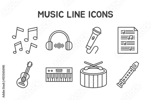 Music Icons Set featuring 8 editable line icons in a clean, minimal style. Ideal for use in music education, concert posters, apps, planners, and creative projects related to sound and performance.